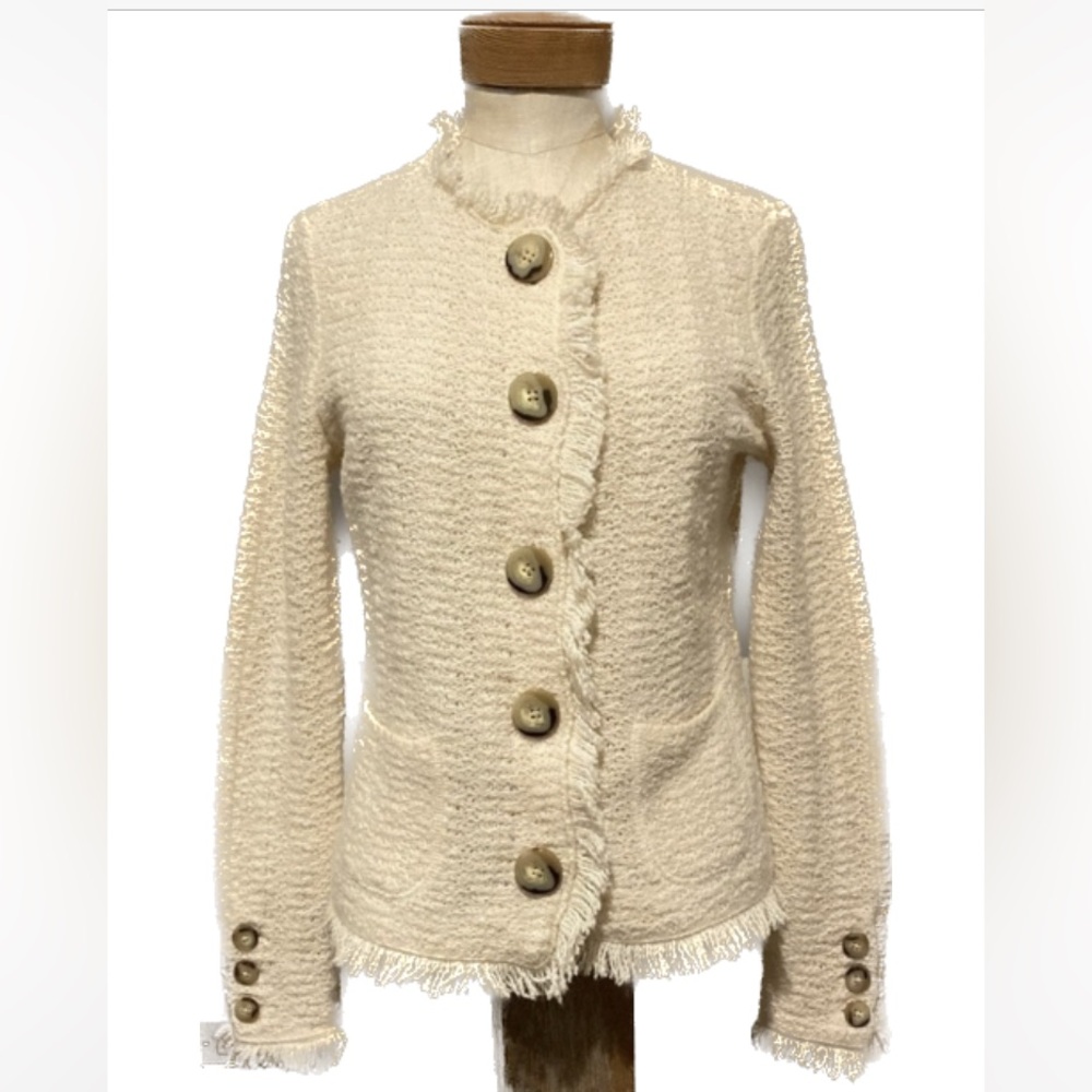 Talbots Tweed Fringe Sweater Blazer in Cream
